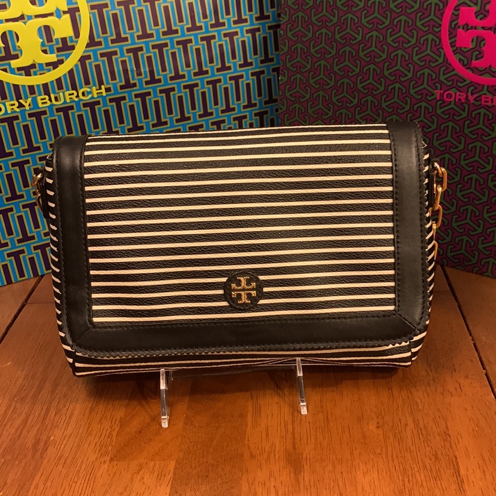 Tory Burch Striped Black and Ivory Crossbody Bag EUC